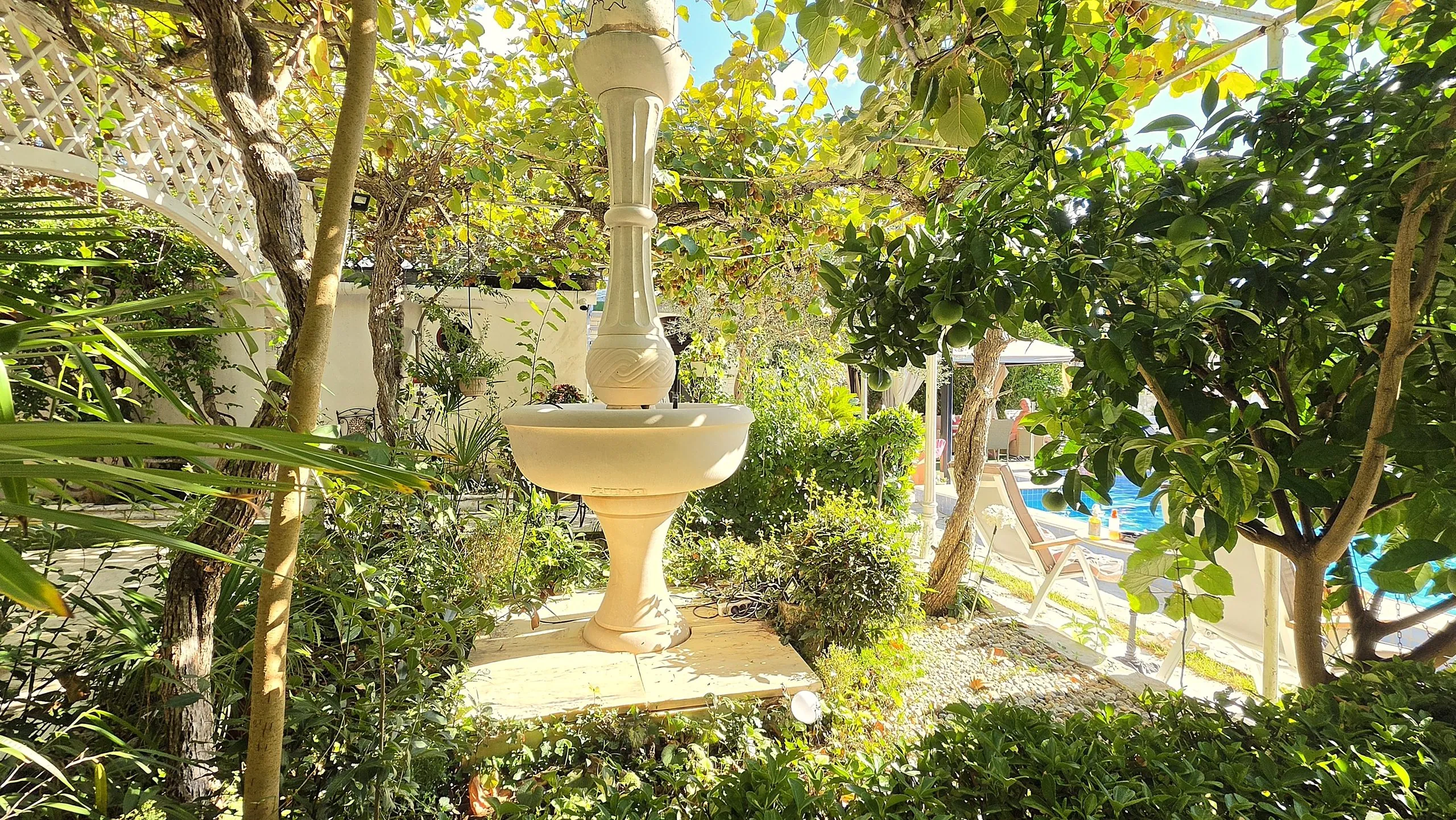 Mediterranean garden with a stone fountain